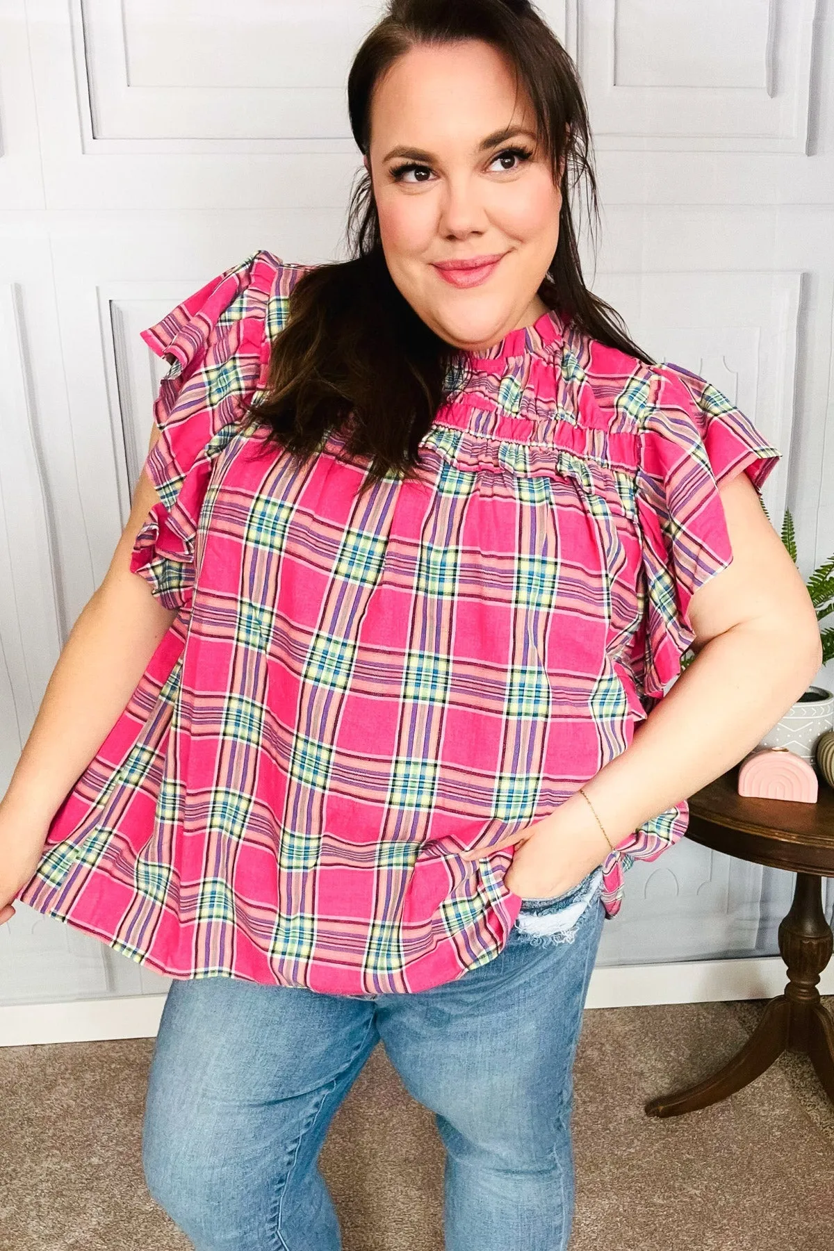 Fuchsia Plaid Shirred Yoke Flutter Sleeve Top