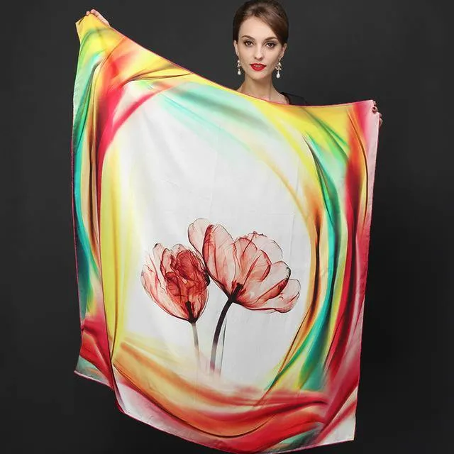 Genuine Natural Silk Scarf Shawl Floral Printed Shawl