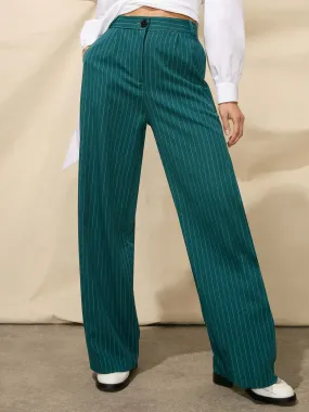 Green Wide Leg Pinstripe Trousers