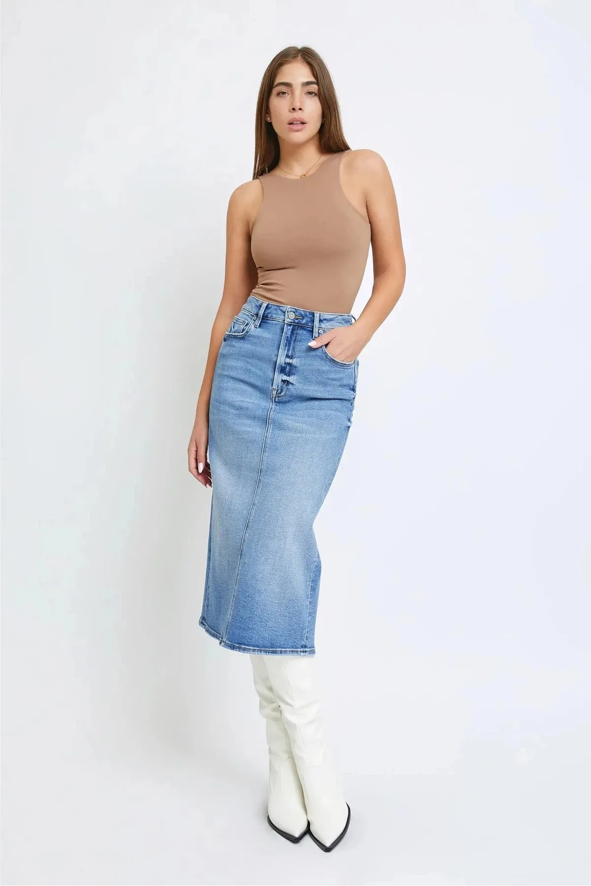 HIDDEN JEANS Peyton Denim Midi Pencil Skirt