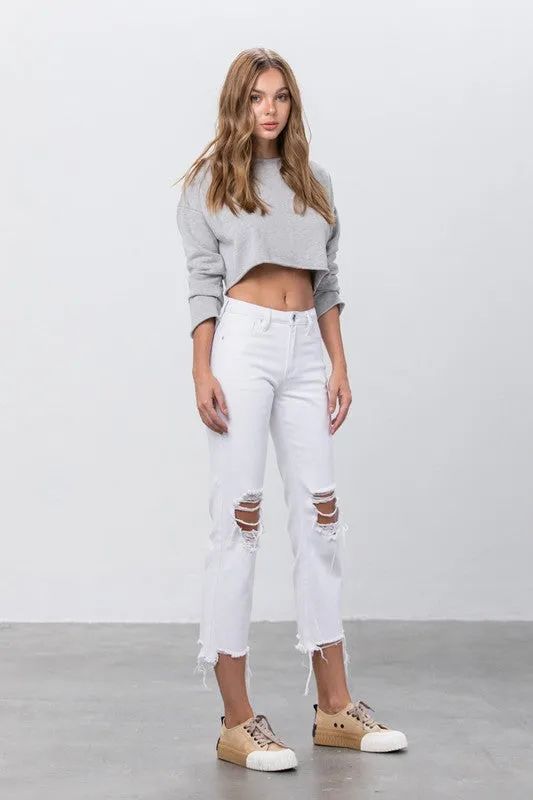 High Waist Ripped Frayed Hem Straight Jeans