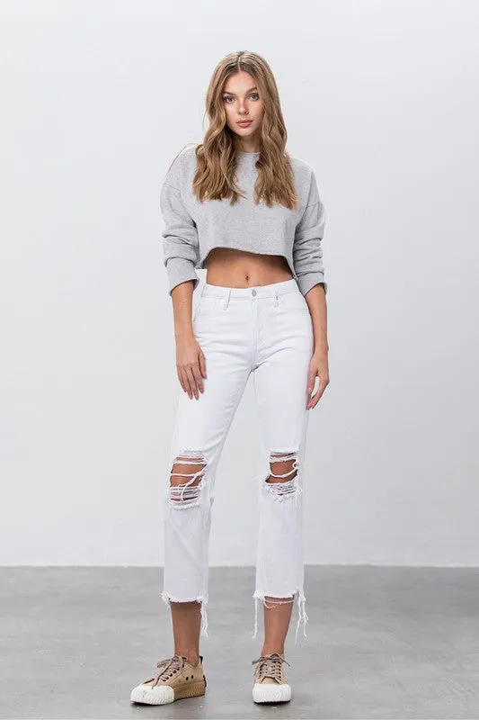 High Waist Ripped Frayed Hem Straight Jeans