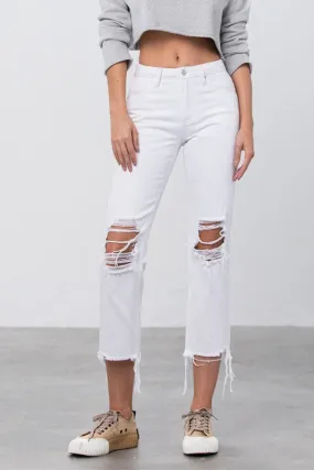 High Waist Ripped Frayed Hem Straight Jeans