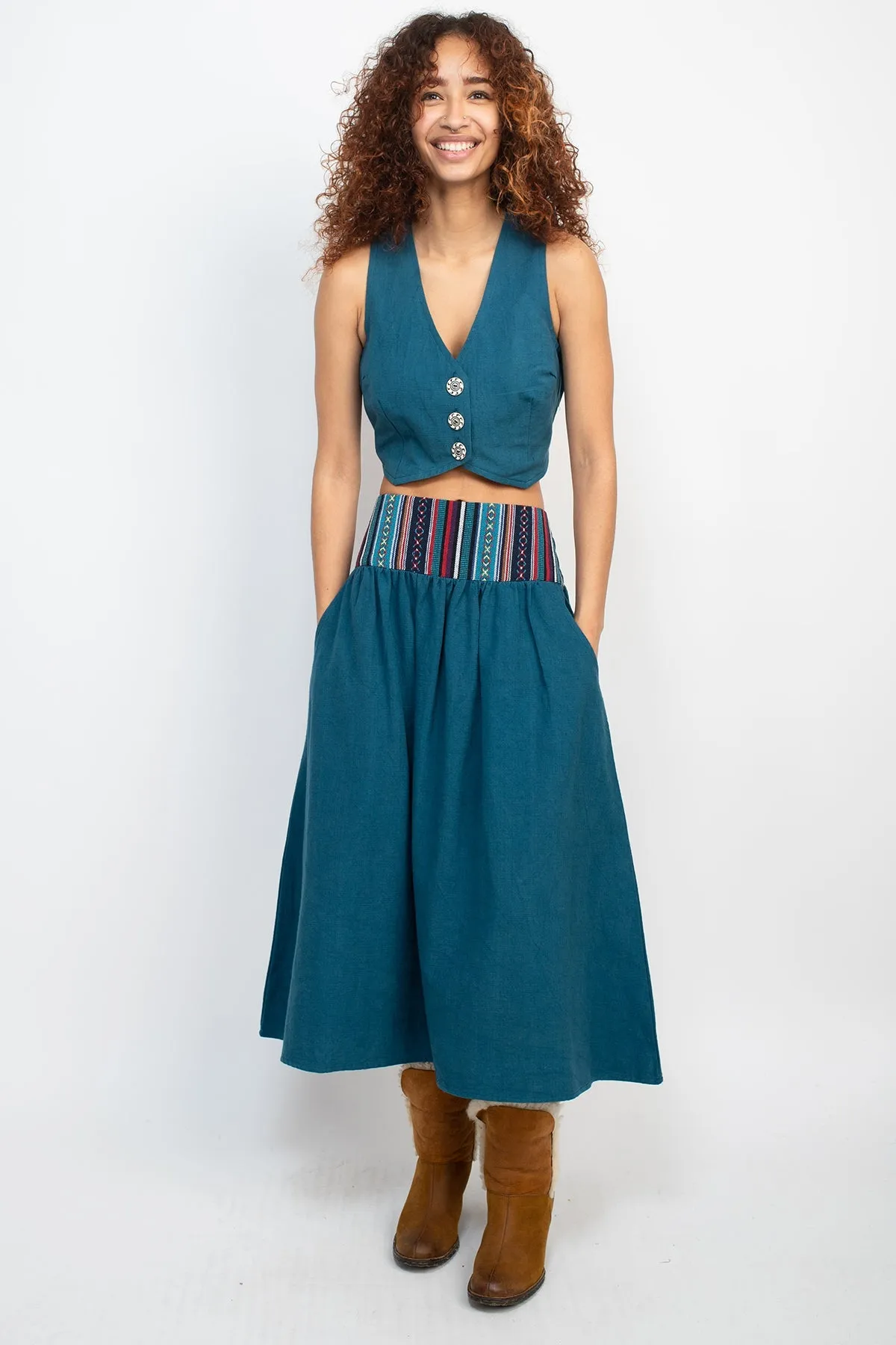 Homespun Striped Yoke Midi Skirt