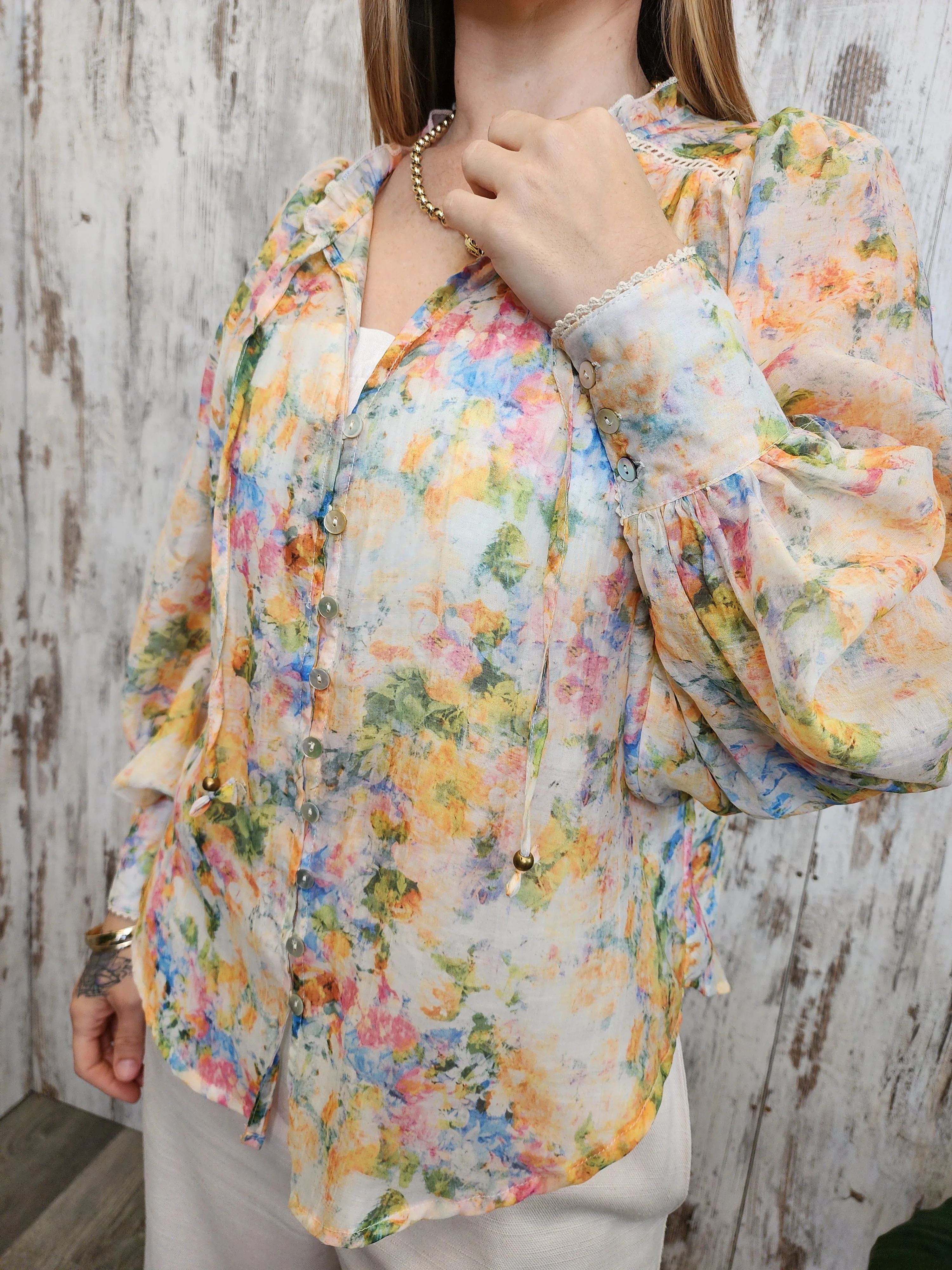 Iris Maxi - Anna Bohemian Blouse V Neck Long Sleeve Buttoned - Bouquet