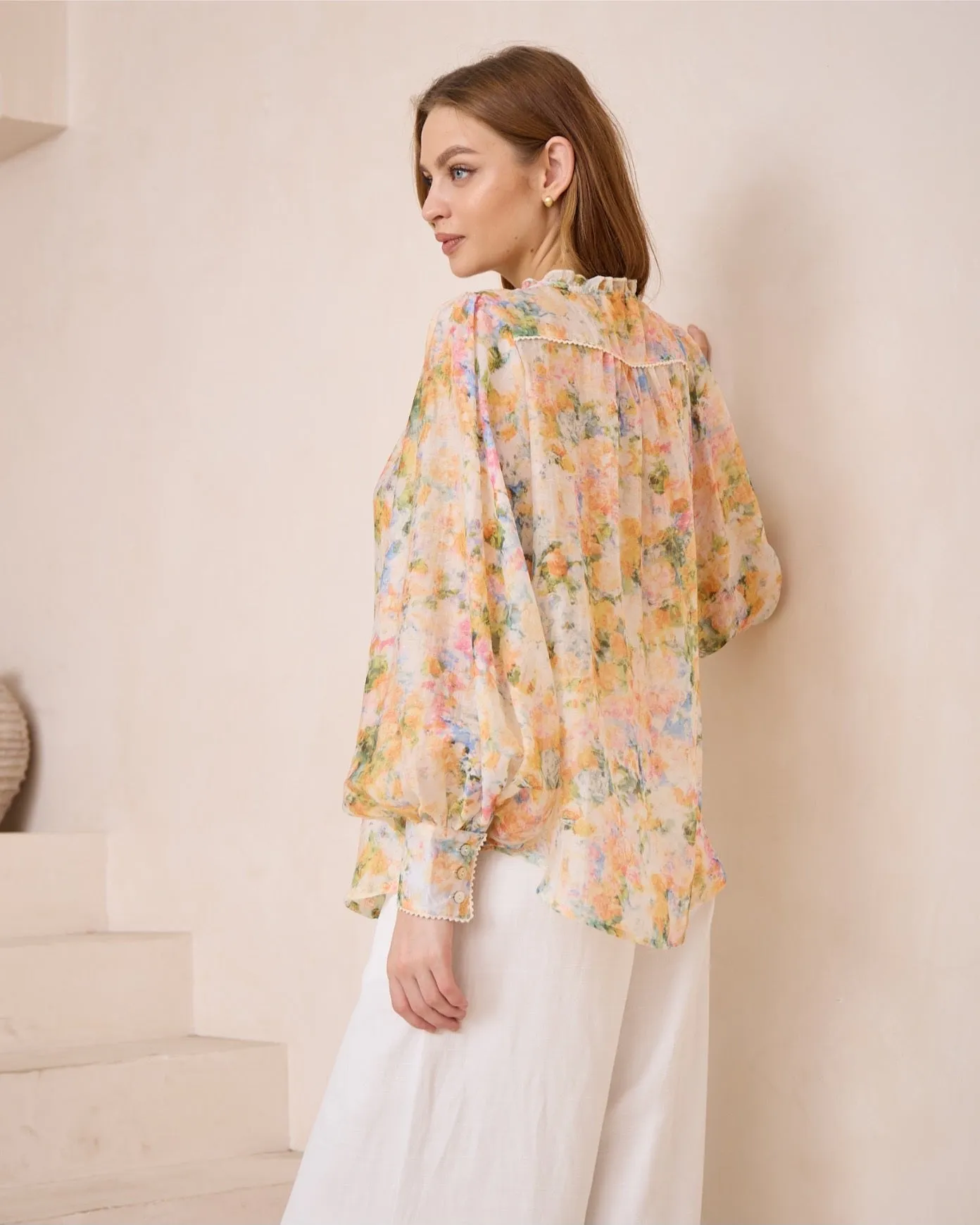 Iris Maxi - Anna Bohemian Blouse V Neck Long Sleeve Buttoned - Bouquet