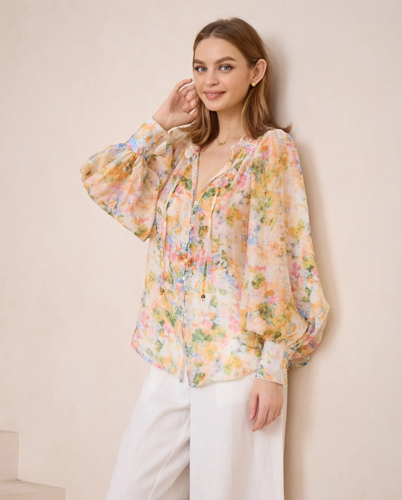 Iris Maxi - Anna Bohemian Blouse V Neck Long Sleeve Buttoned - Bouquet