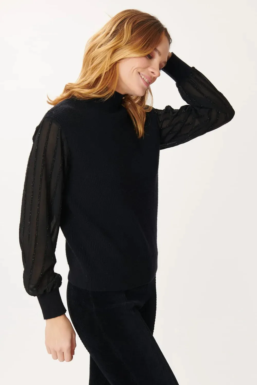 Josephine sheer sleeve Sweater-Black