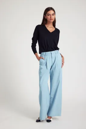 Light Blue Chambray Pleated Trousers