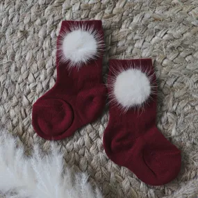 Meia Pata Bordeaux Fur Pom Pom Knee Socks