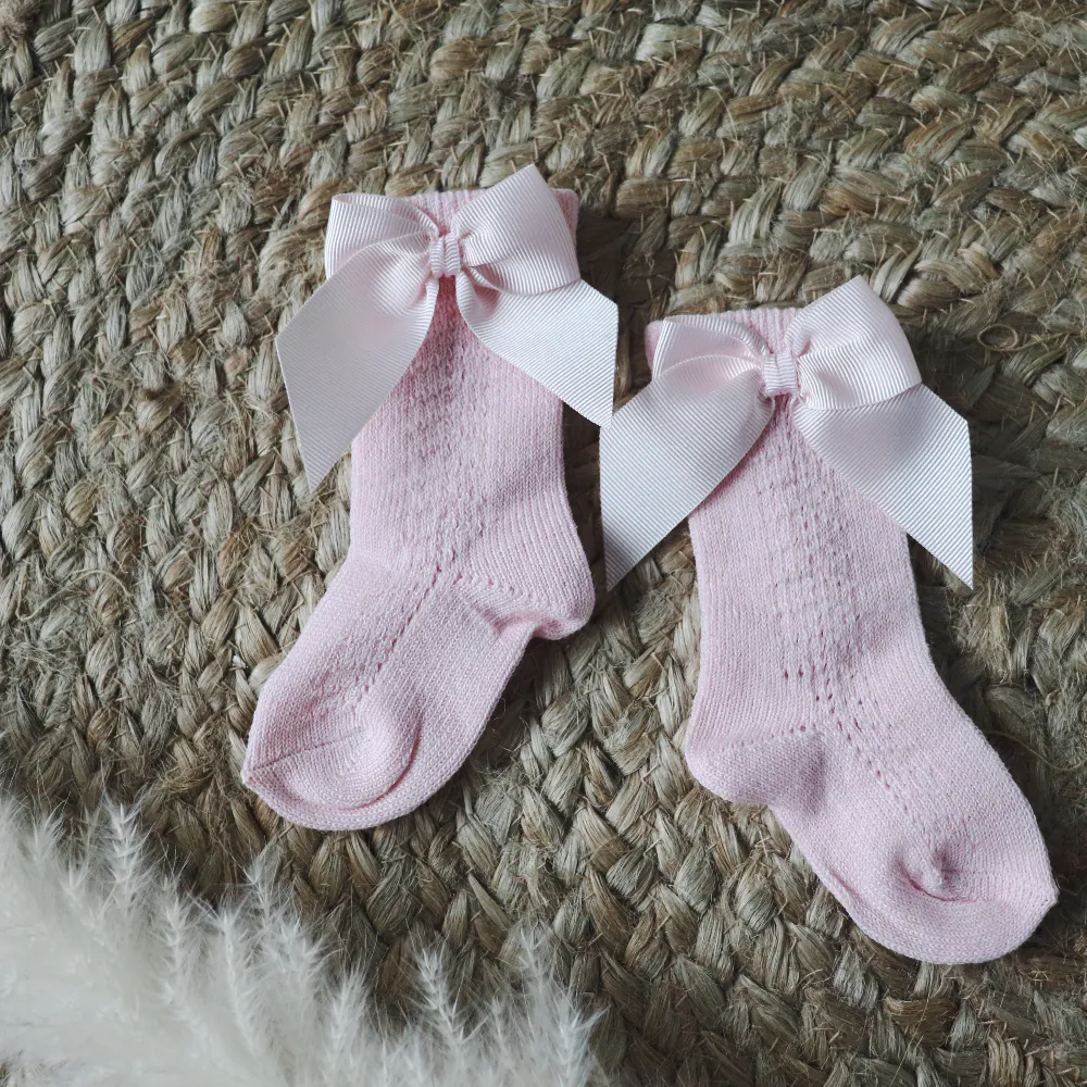 Meia Pata Grosgrain Baby Pink  Bow & Pom Pom Knee Socks