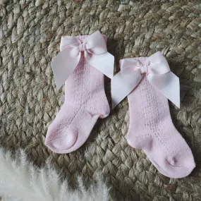 Meia Pata Grosgrain Baby Pink  Bow & Pom Pom Knee Socks