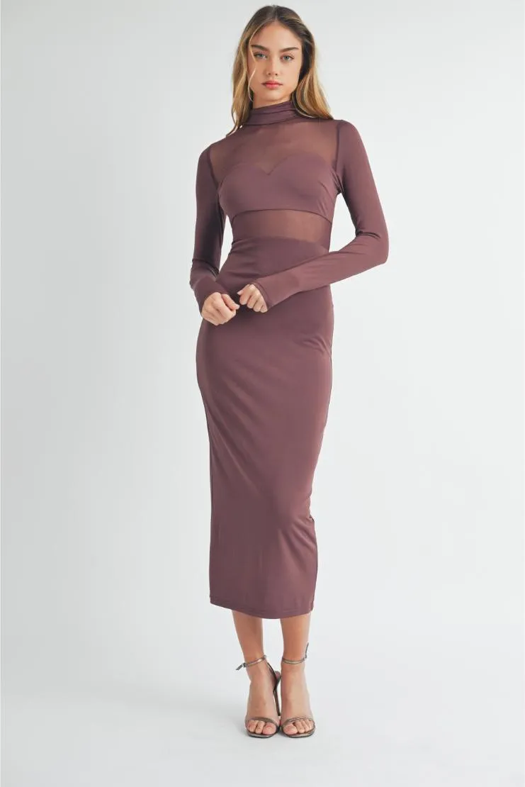 Melissa Mock Neck Sheer Mix Mesh Bodycon Midi Dress