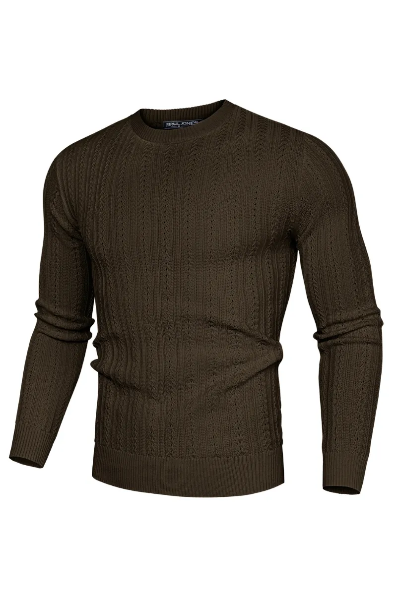 Men Hollowed-out Textured Sweater Long Sleeve Crew Neck Pullover Knitwear