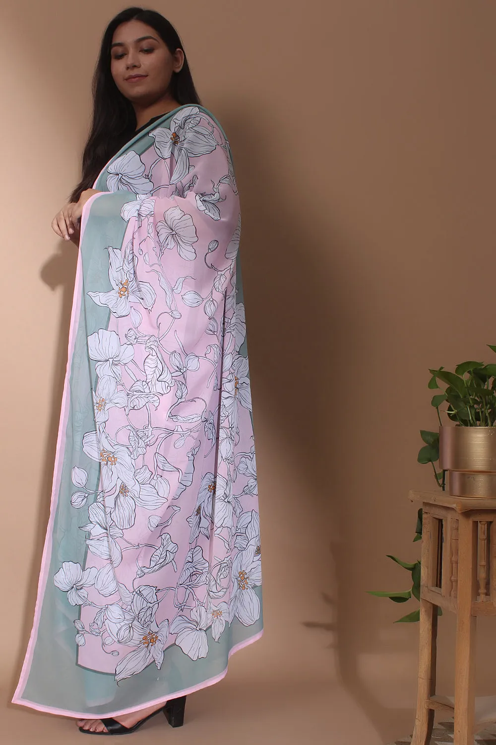 Mint Green Pink Blossom Dupatta