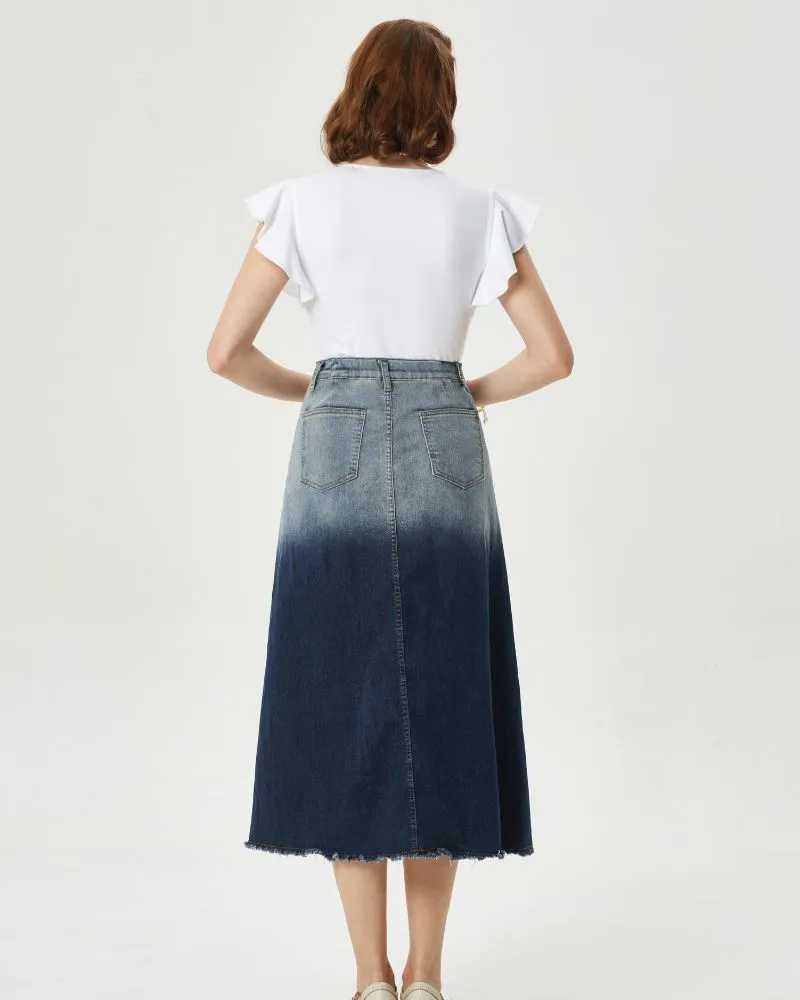 Multi-Pocket Jean Skirt Elastic High Waist Raw Hem Midi A-Line Skirt