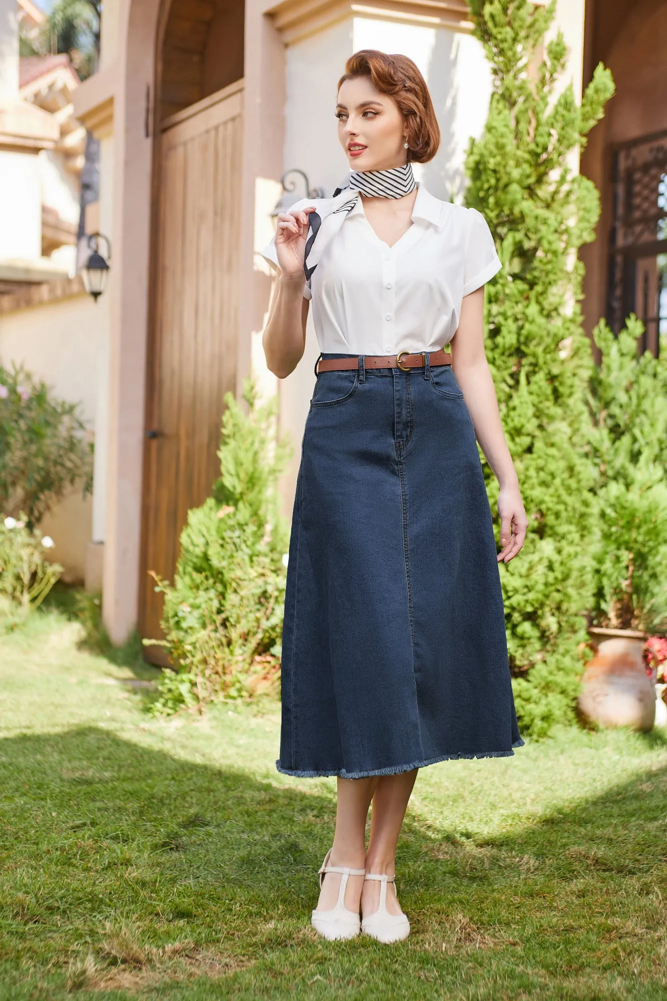 Multi-Pocket Jean Skirt Elastic High Waist Raw Hem Midi A-Line Skirt