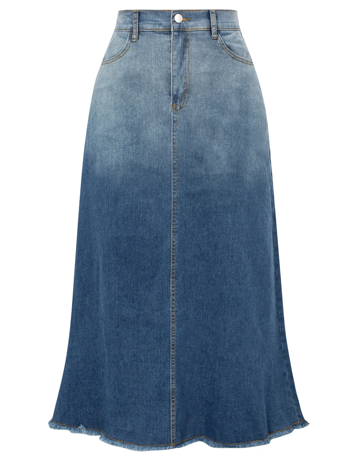 Multi-Pocket Jean Skirt Elastic High Waist Raw Hem Midi A-Line Skirt