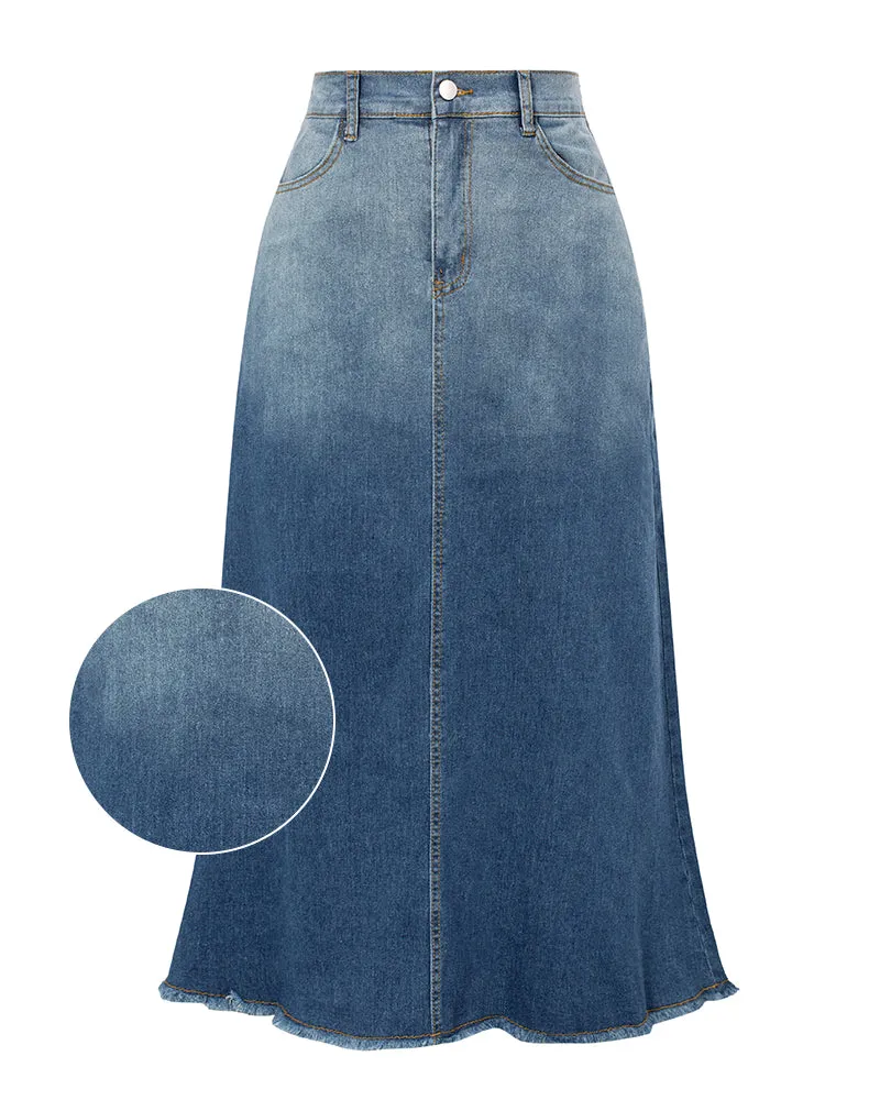 Multi-Pocket Jean Skirt Elastic High Waist Raw Hem Midi A-Line Skirt