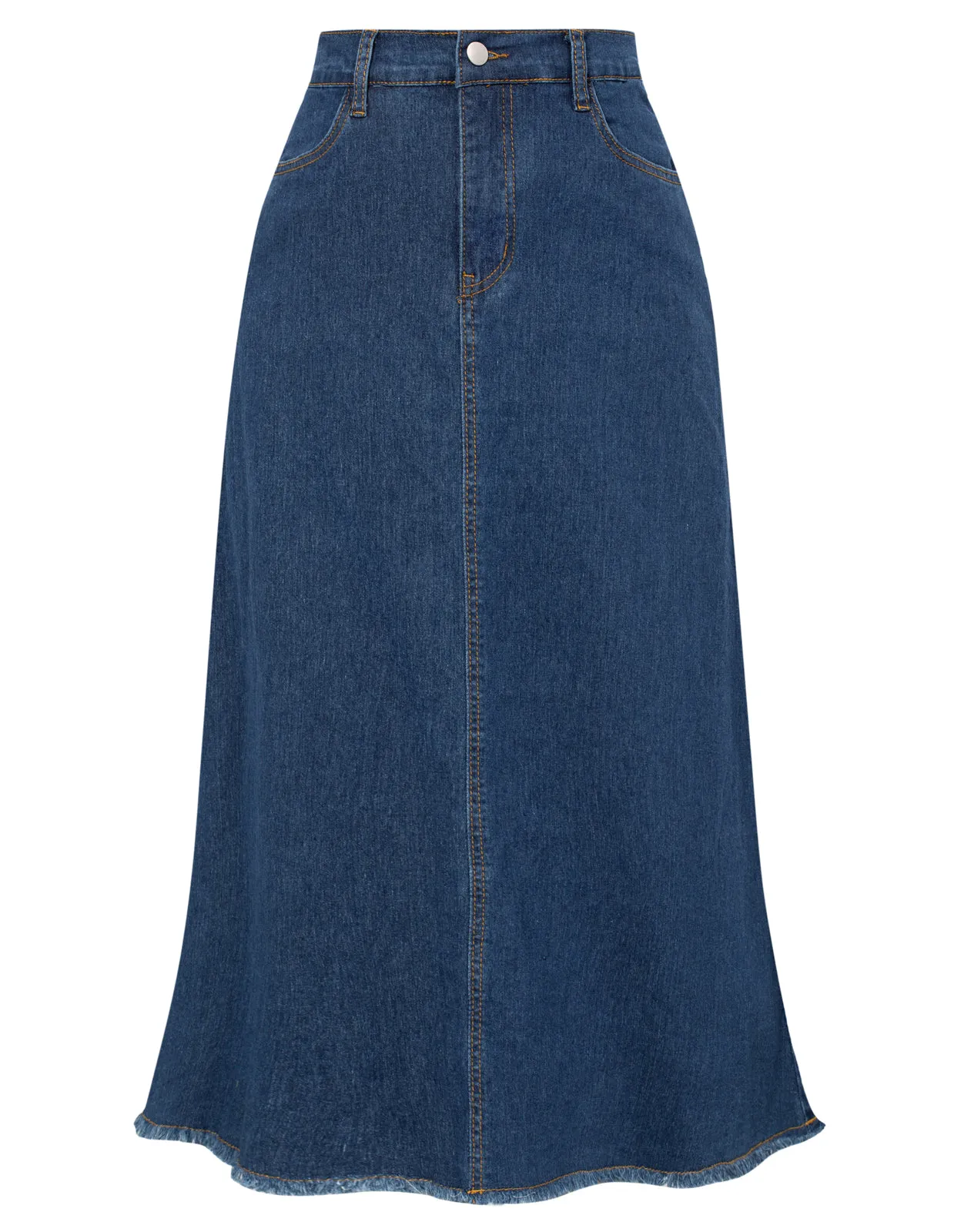 Multi-Pocket Jean Skirt Elastic High Waist Raw Hem Midi A-Line Skirt