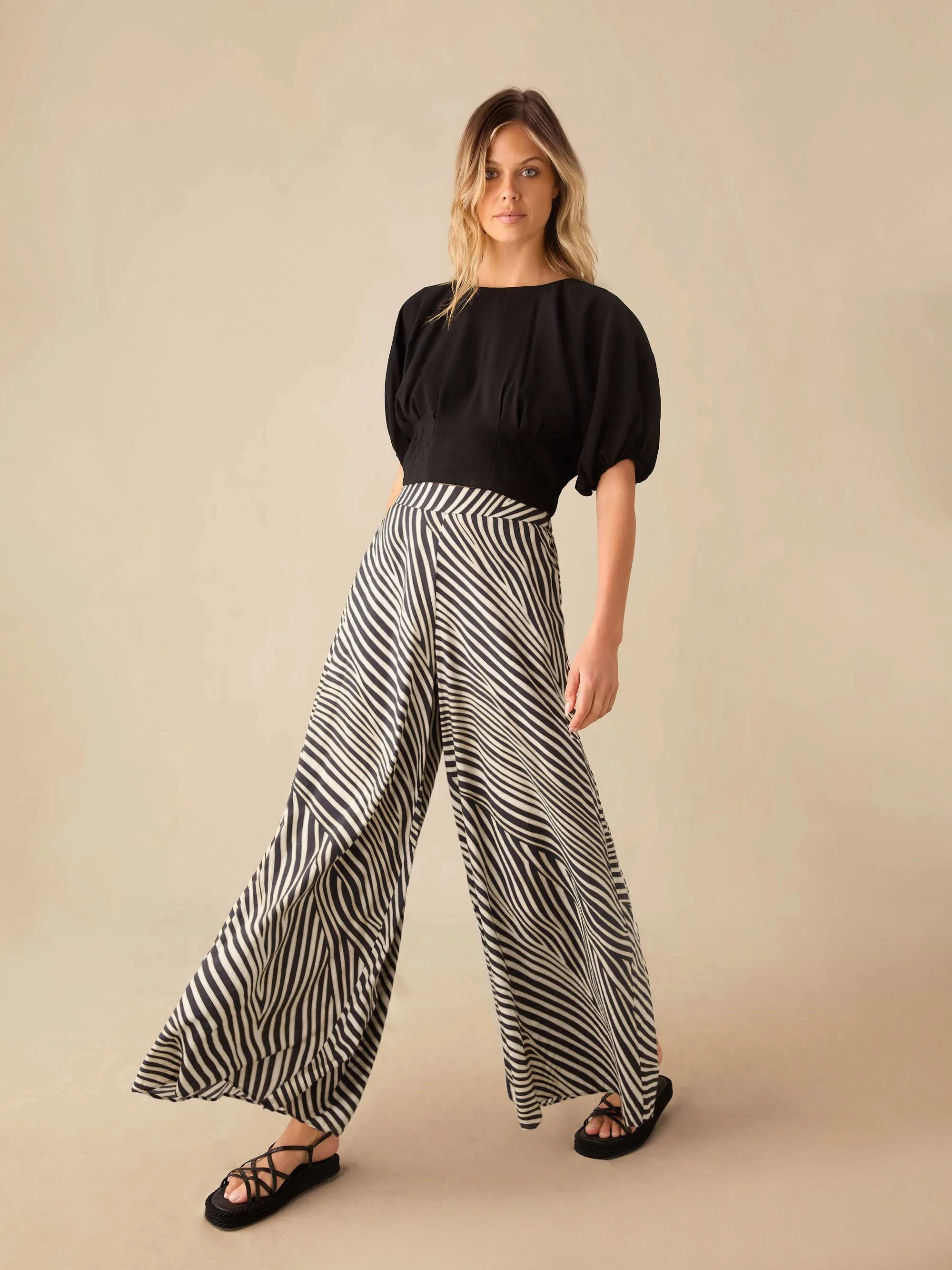 Neutral Animal Print Wide Leg Trousers