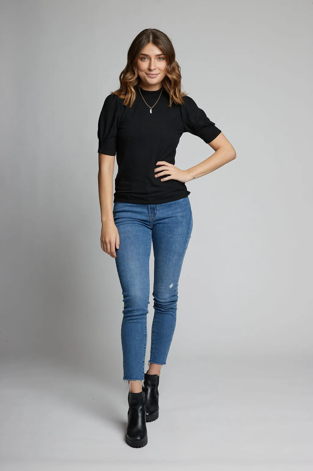 New! Elbow Puff Sleeve Mock Neck Top