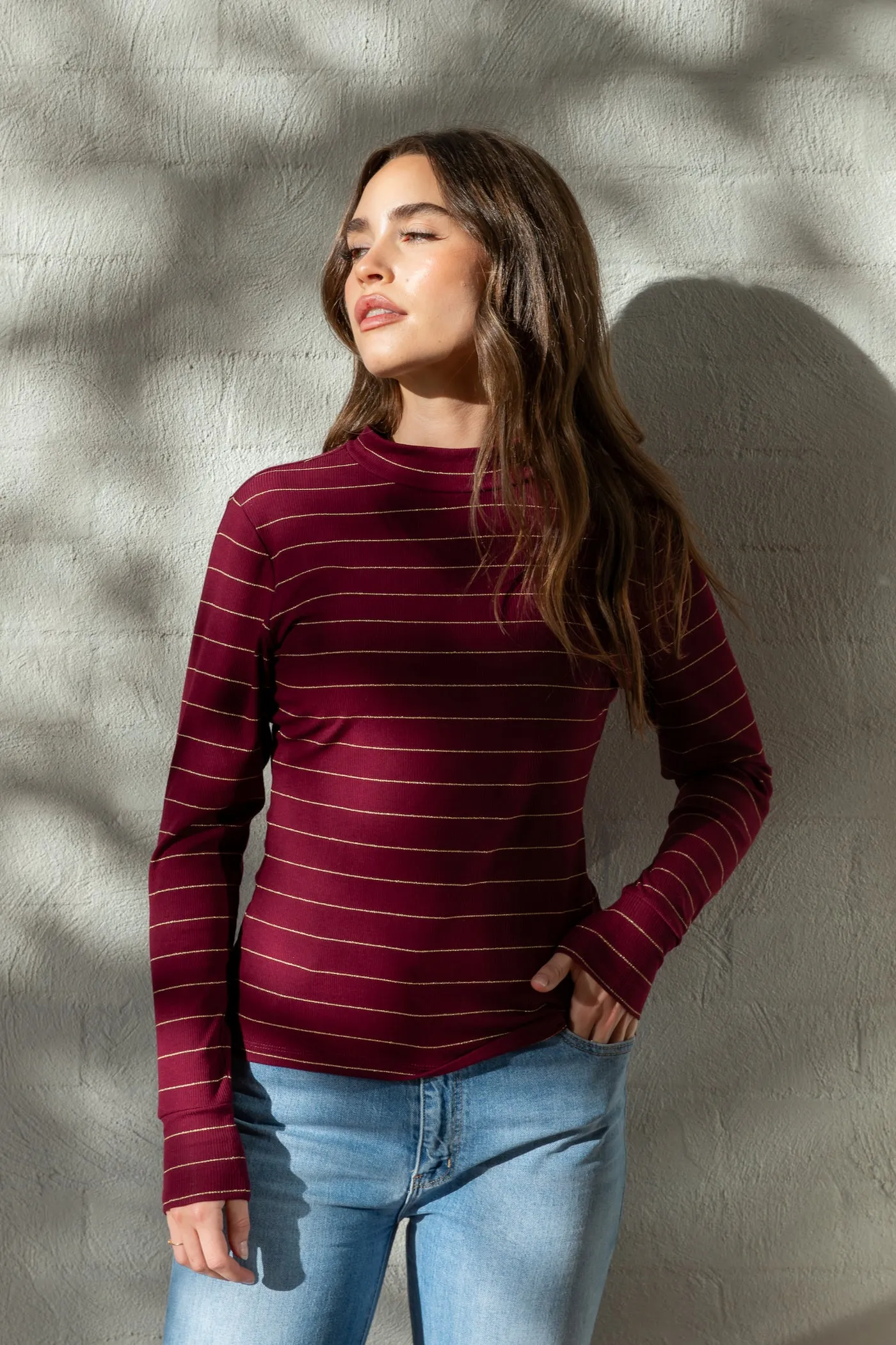 Plum with Gold Lurex Stripe Mock Neck Top