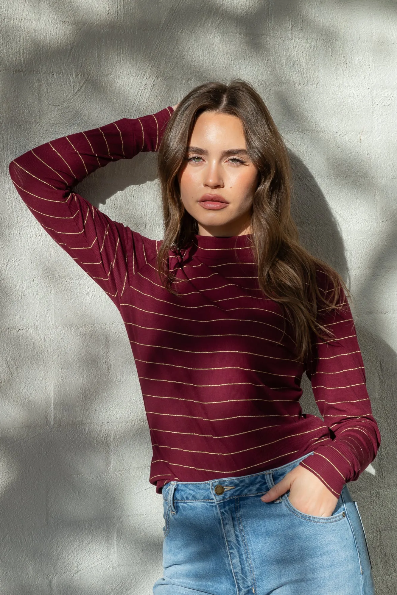 Plum with Gold Lurex Stripe Mock Neck Top