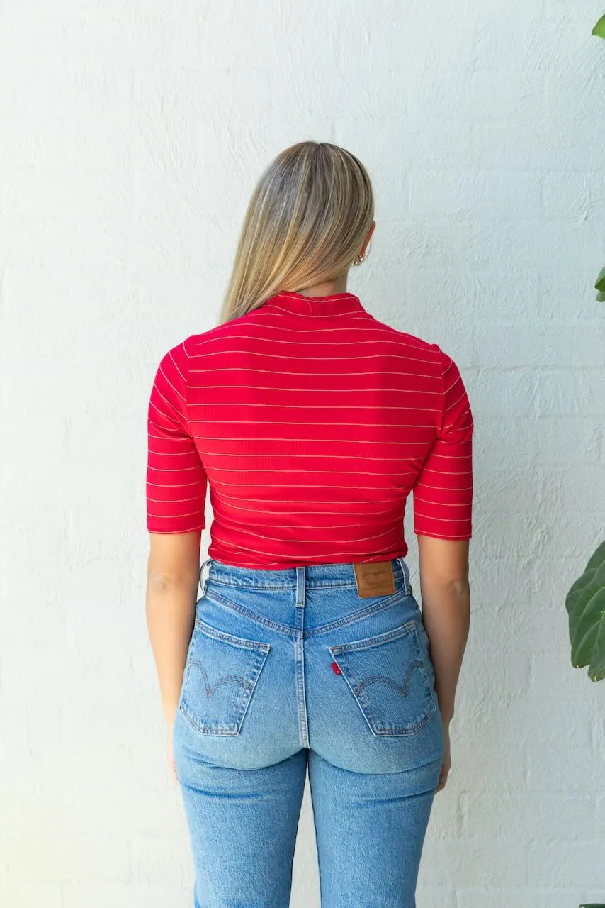 Red with Gold Lurex Stripe Mock Neck Top