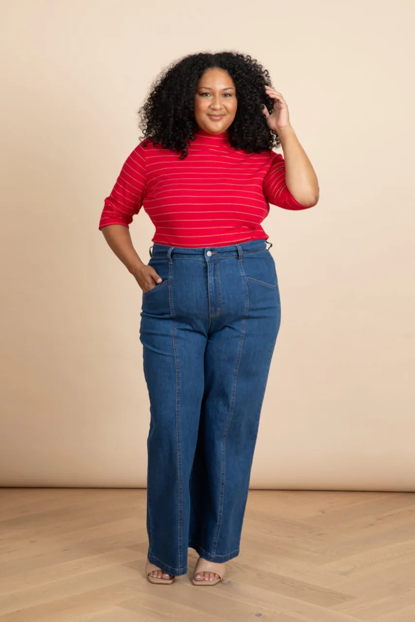 Red with Gold Lurex Stripe Mock Neck Top