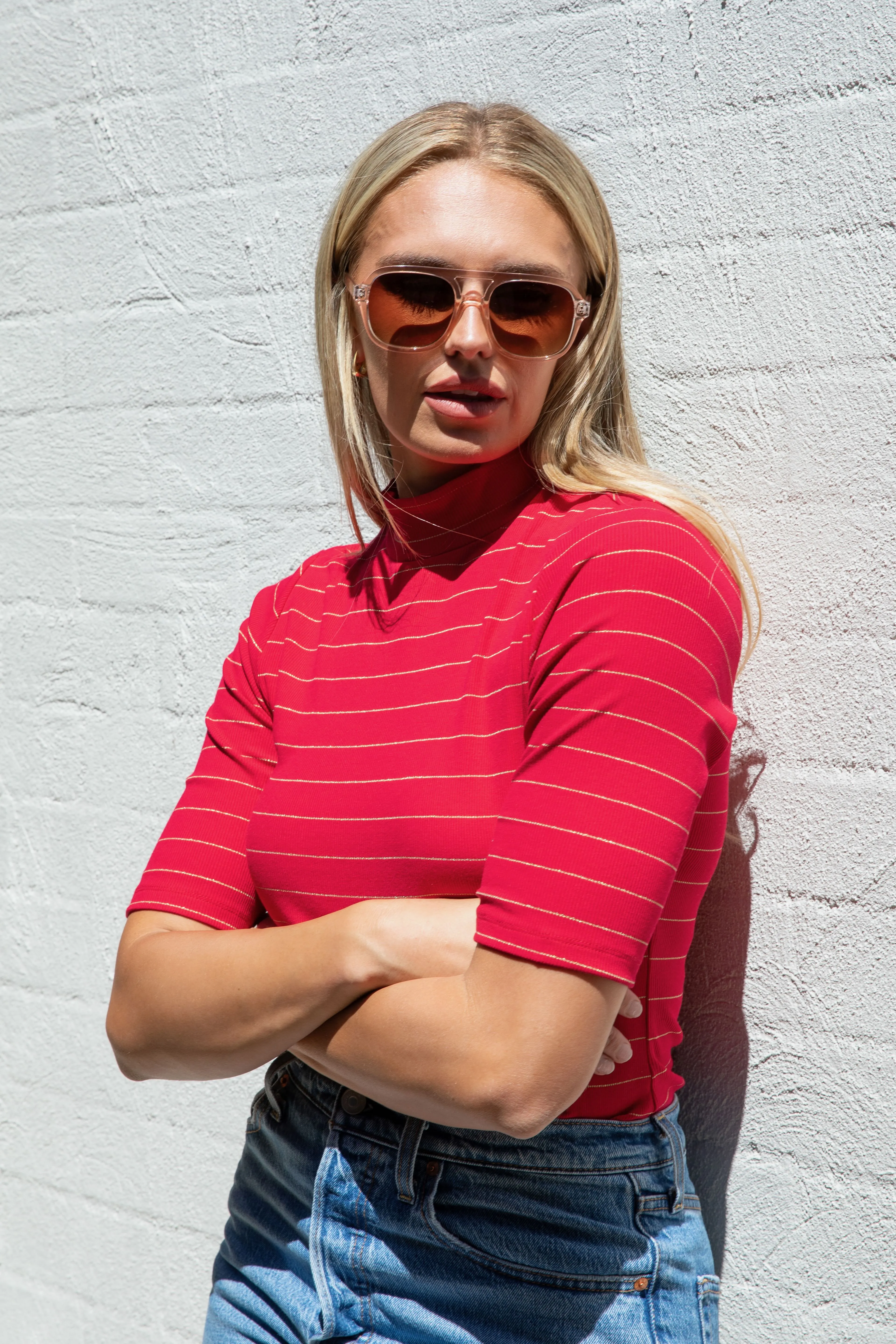 Red with Gold Lurex Stripe Mock Neck Top