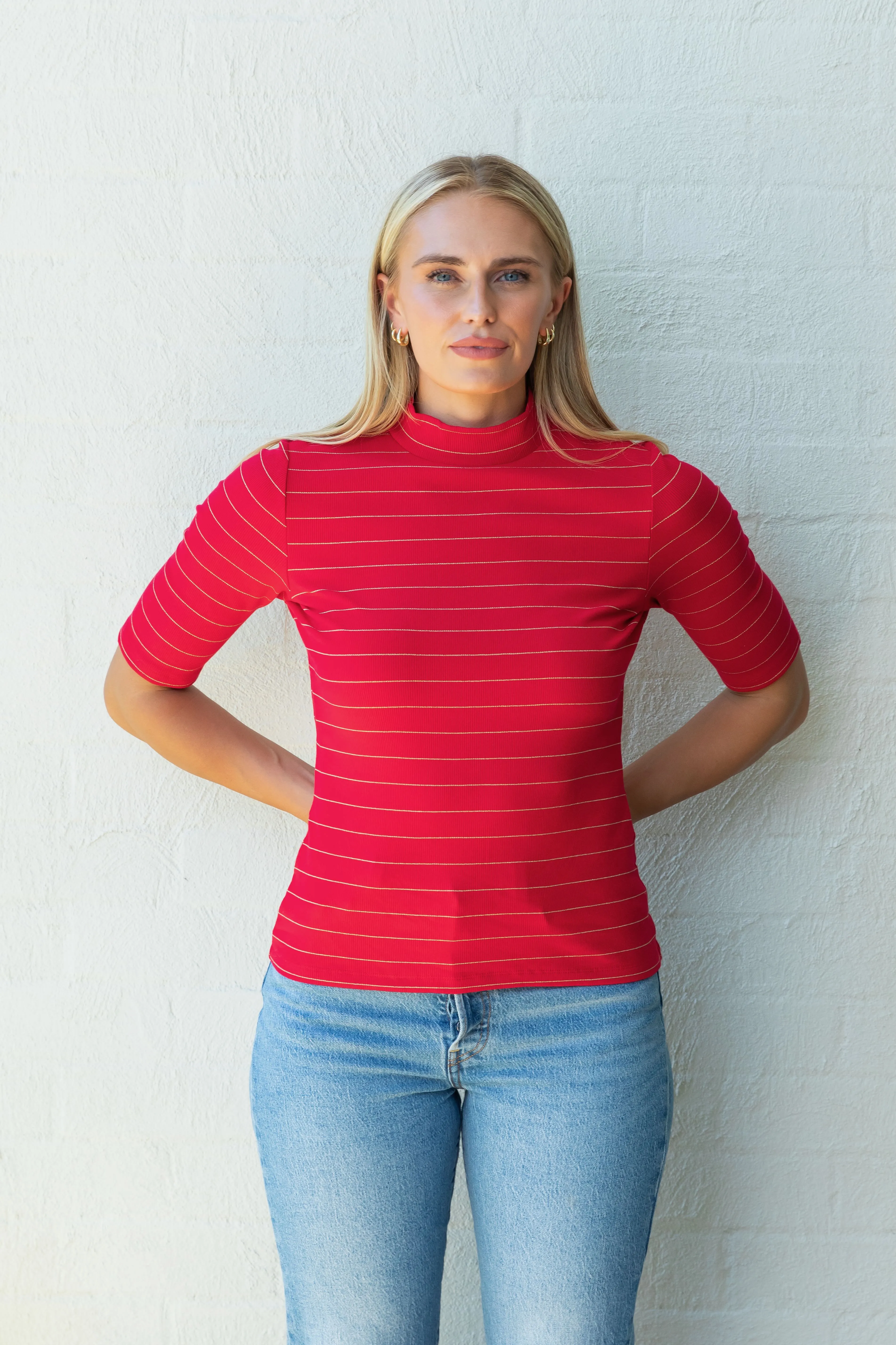 Red with Gold Lurex Stripe Mock Neck Top