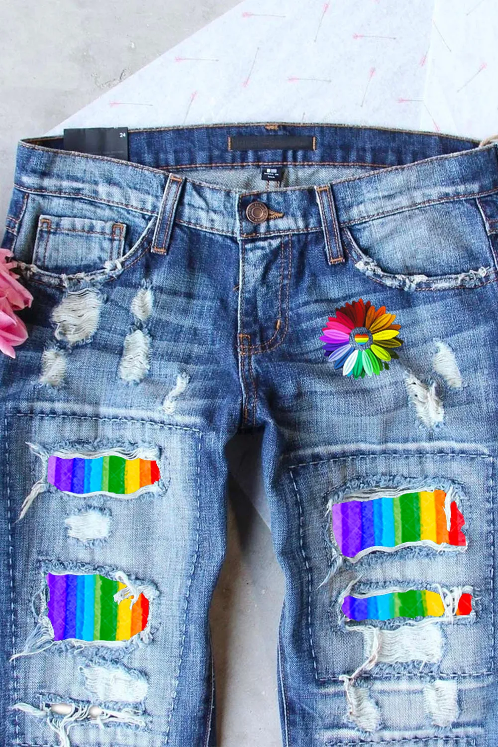 Ripped Jeans for Women LGBT Rainbow Floral Print Patch Stretch Distressed Jeans