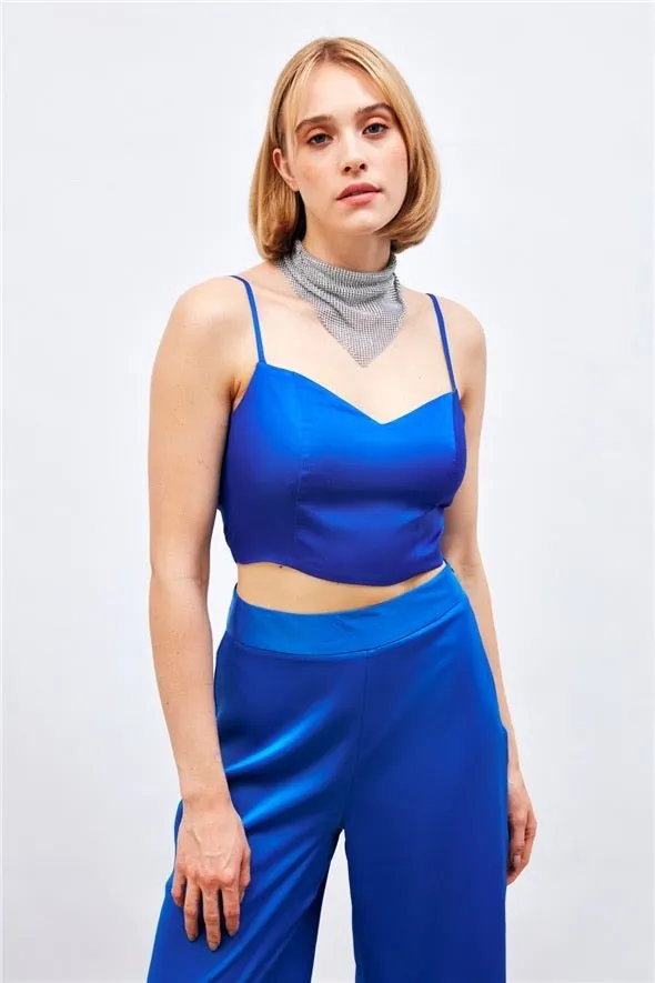 Satin Crop Top  with String Straps - Royal Blue