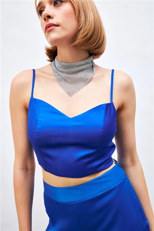 Satin Crop Top  with String Straps - Royal Blue