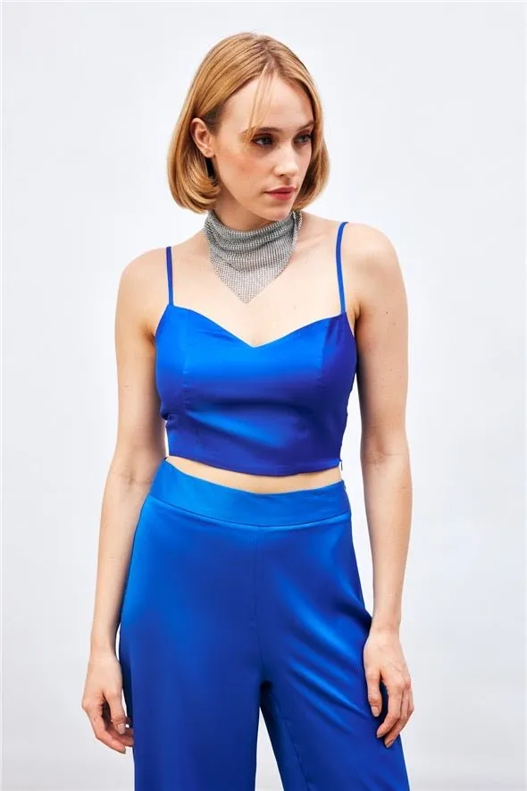 Satin Crop Top  with String Straps - Royal Blue