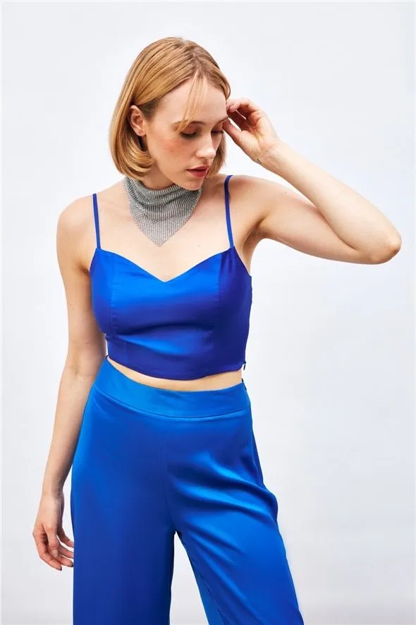 Satin Crop Top  with String Straps - Royal Blue