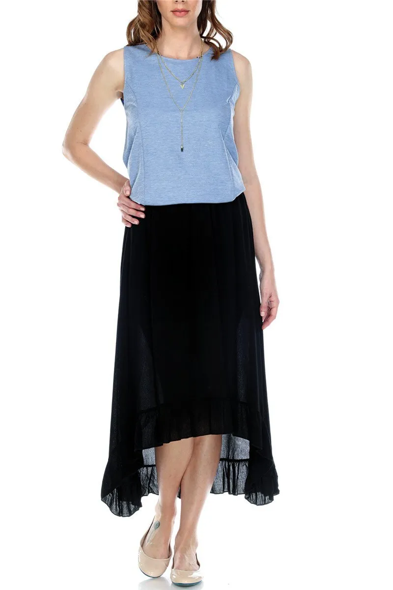 Skirt High Low Ruffled Hem Lined Elastic Waistband