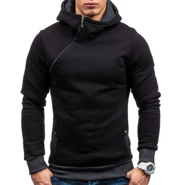 Solid color pullovers with hooded slanted zippers