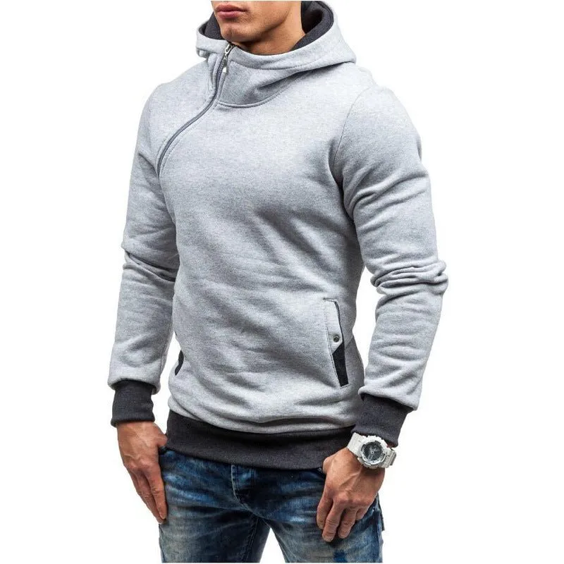 Solid color pullovers with hooded slanted zippers