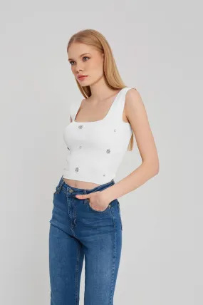 Stella Rhinestone Knit Crop Top - White