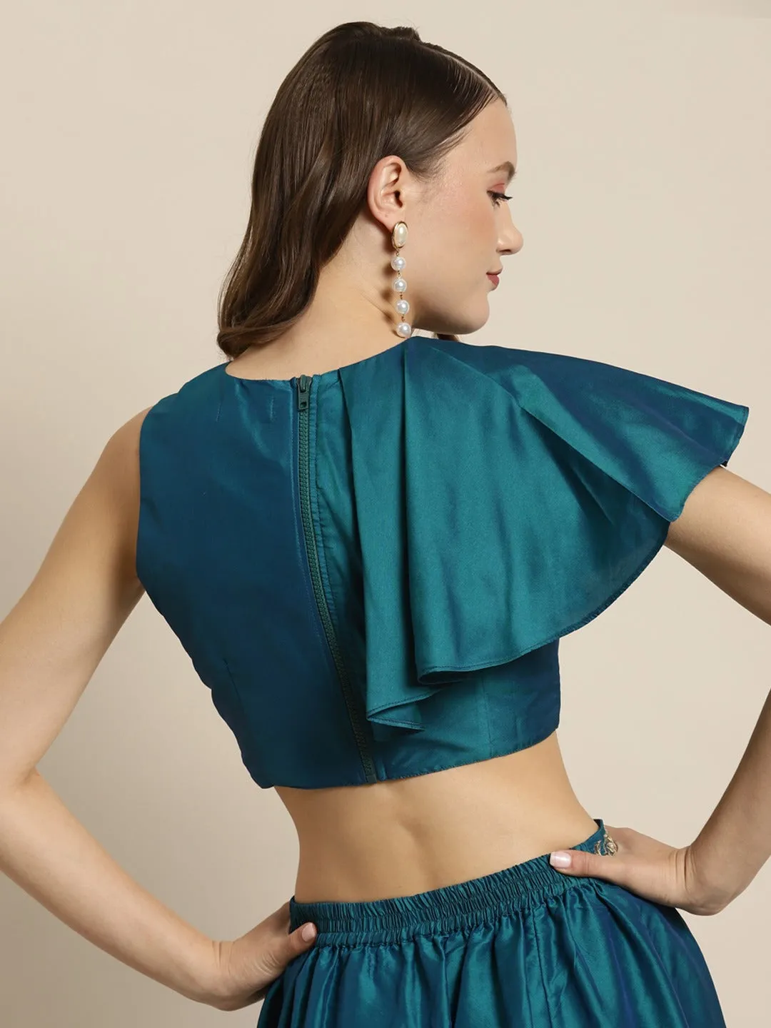 Teal Ruffle Detail Crop Top