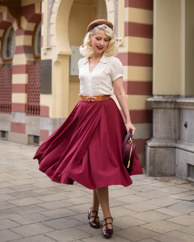 Vintage Skirts with Side Slit High Waisted Midi A-Line Flowy Skirts with Pockets