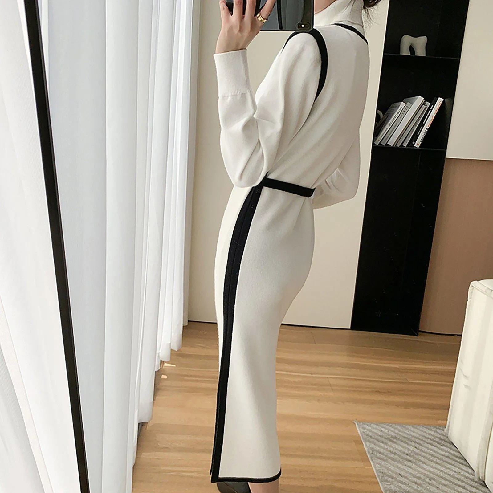 White Elastic Knit Mock Neck Midi Sweater Dress